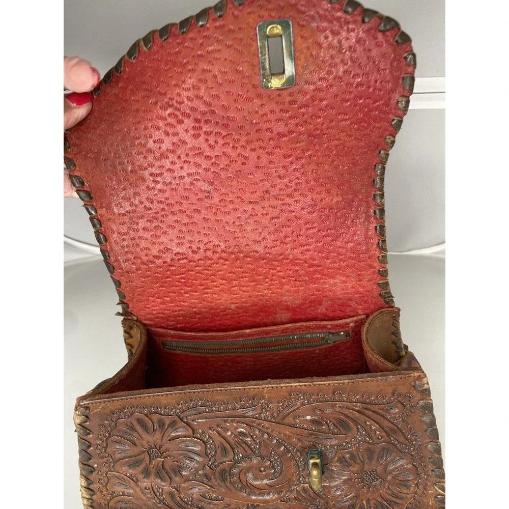 Vintage Handmade Tooled Brown Leather Handbag Shoulder Strap Purse